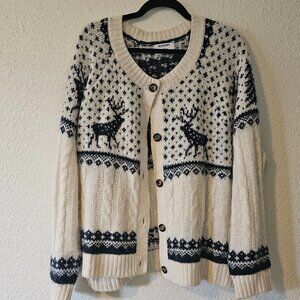 Old Navy Fair Isle Blue & White Cardigan Sweater Deer & Tree Pattern
